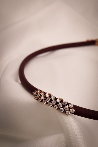 Bordo Yumuşak Deri Rose Renk Zircon Taşlı Choker