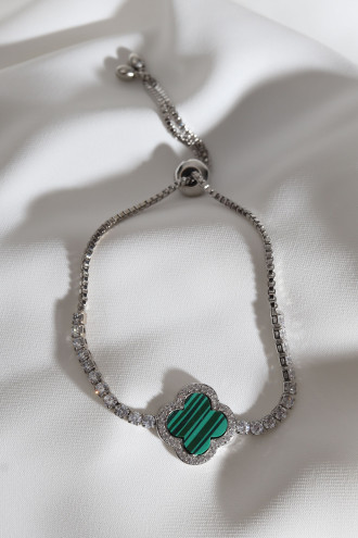 Yeşil Mineli Yonca Asansörlü Gümüş Renk Bileklik