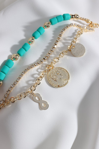 3'Lü Madalyon Sallantılı Yeşil Lino Boncuklu Bileklik