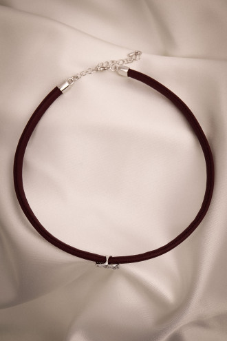 Bordo Yumuşak Deri Gümüş Renk Zircon Taşlı Choker