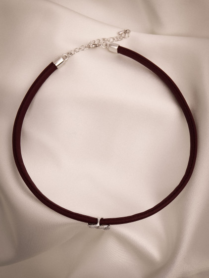 Bordo Yumuşak Deri Gümüş Renk Zircon Taşlı Choker