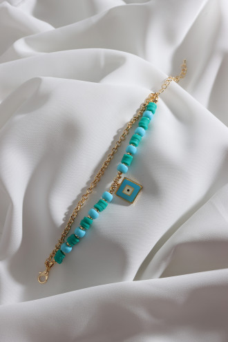 2'Li Yeşil Fimo Boncuklu Kare Sallantılı Mavi Mineli Bileklik