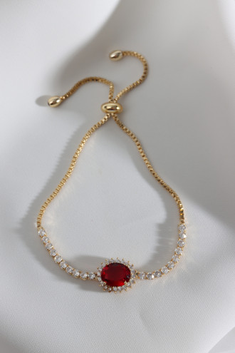Oval Kırmızı Zircon Taşlı Anturaj Gold Renk Su Yolu Asansörlü Bileklik