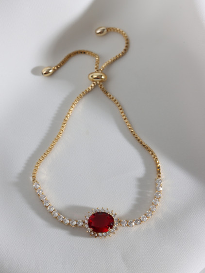Oval Kırmızı Zircon Taşlı Anturaj Gold Renk Su Yolu Asansörlü Bileklik