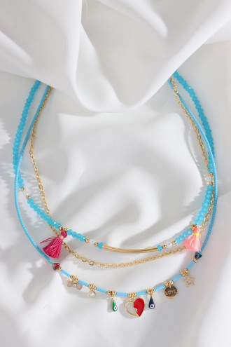 3'Lü Gold Renk Zincir Detaylı Mavi Boncuk Charm Kolye