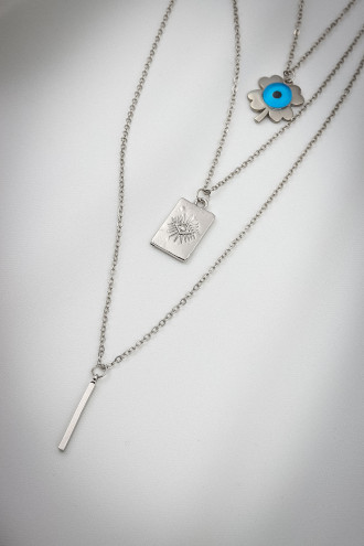 3'Lü Gümüş Renk Gözlü Yonca Kolye