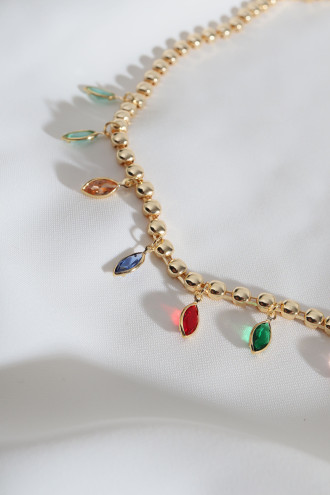 Renkli Badem Taş Sallantılı Gold Renk Kolye