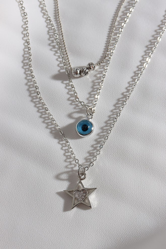 3'Lü Yıldız Ve Nazar Uçlu Gümüş Renk Kolye