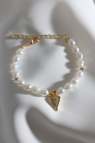 Kalp Uçlu Gold Renk İnci Bileklik