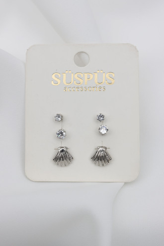 6'Lı Tek Taşlı Istiridye Gümüş Renk Küpe