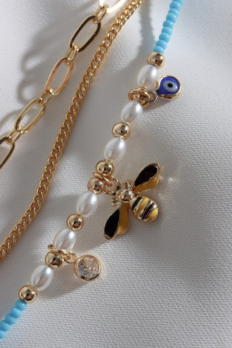 3'Lü Mavi Boncuklu Arı Figür Gold Renk Zincir Bileklik