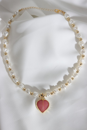 Pembe Renk Kalp Taşlı İnci Kolye