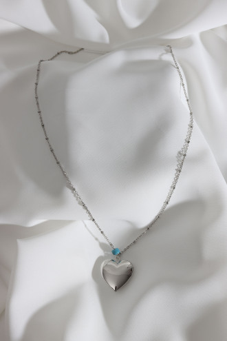 Koyu Yeşil Mineli Kalp Kapaklı Çift Taraflı Kullanıma Uygun Gümüş Renk Kolye