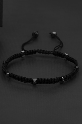 Siyah Ipli Makrome Örgülü Asansörlü Erkek Bileklik