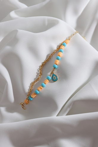 2'Li Turuncu Fimo Boncuklu Damla Sallantılı Mavi Mineli Bileklik