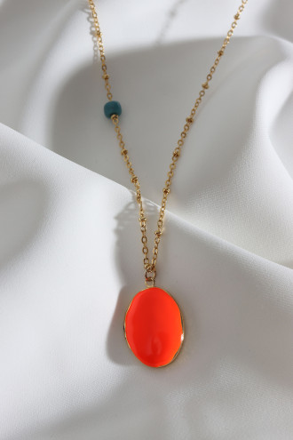 Turuncu Mineli Kapaklı Çift Taraflı Kullanıma Uygun Oval Gold Renk Kolye