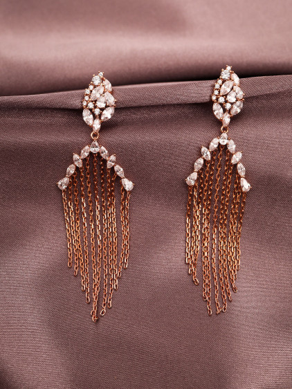 Zircon Taşlı Zincir Sallantılı Rose Abiye Küpe