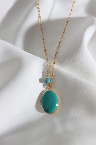 Yeşil Mineli Kapaklı Çift Taraflı Kullanıma Uygun Oval Gold Renk Kolye