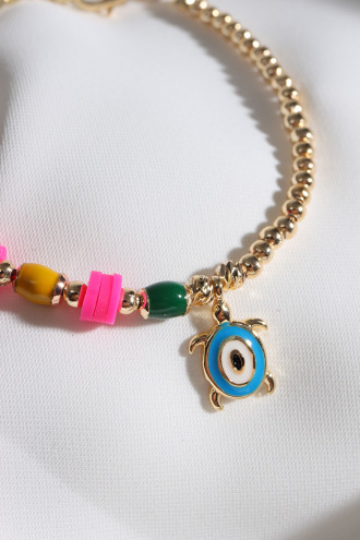 Pembe Fimo Boncuk Detaylı Kaplumbağa Uçlu Top Bileklik