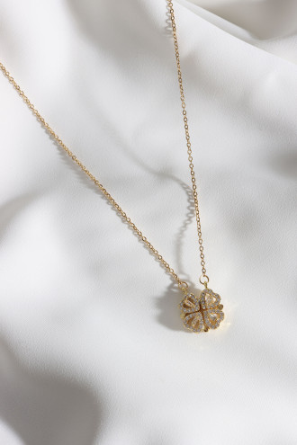 Çelik Yonca Kalp Mıknatıslı Açılıp Kapanabilir Gold Renk Kolye