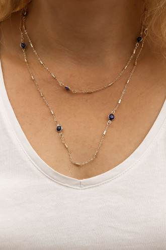 Uzun Lacivert Nazarlı Gümüş Renk Kolye