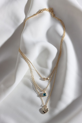 3'Lü Kalp Ve Nazar Uçlu Gümüş Renk Kolye