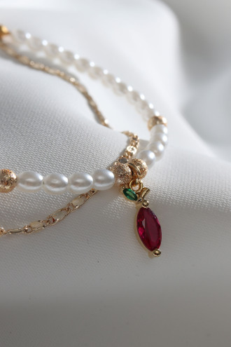 2'Li İnci Ve Gold Renk Zincirli Kırmızı Taşlı Armut Uçlu Bileklik