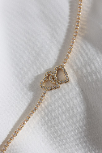 Çift Kalp Figürlü Zircon Taş Gold Renk Suyolu Bileklik