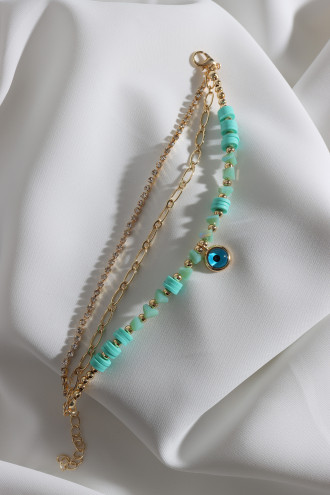 3'Lü Gold Renk Su Yolu Detaylı Yeşil Boncuklu Nazar Bileklik