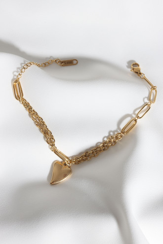 Çift Zincirli Kalp Sallantılı Gold Renk Çelik Bileklik Çift Zincirli Kalp Sallantılı Gold Renk Çelik Bileklik