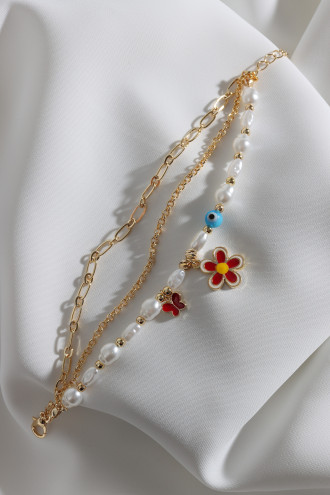 3'Lü Kırmızı Papatyalı İnci Detay Zincir Bileklik