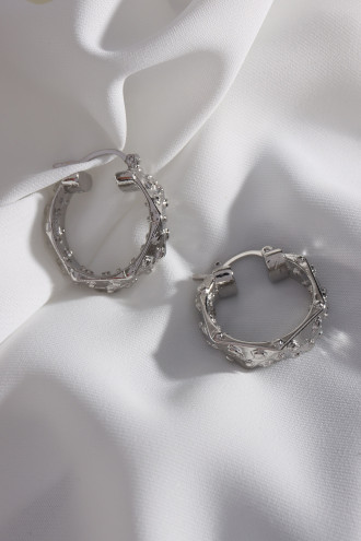 Dokulu Kalın Altıgen Gümüş Renk Vintage Halka Küpe