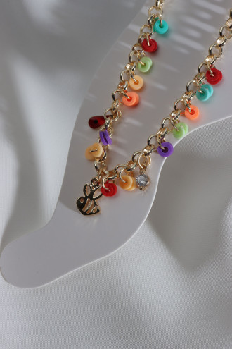 Renkli Fimo Boncuk Sallantılı Gold Renk Zincir Halhal