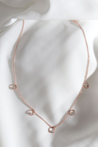 Turkuaz Boncuklu Halkalı Ince Zincirli Rose Renk Kolye