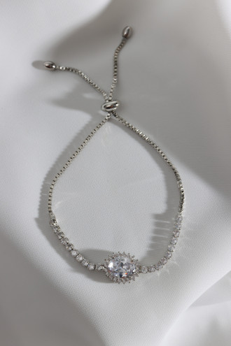 Oval Beyaz Zircon Taşlı Gümüş Renk Anturaj Su Yolu Asansörlü Bileklik