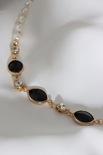 Siyah Oval Taşlı İnci Kolye