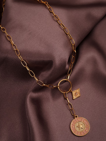 Pembe Mineli Uzun Gold Renk Plaka Kolye