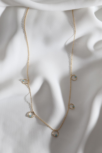 Turkuaz Boncuklu Halkalı Ince Zincirli Gold Renk Kolye