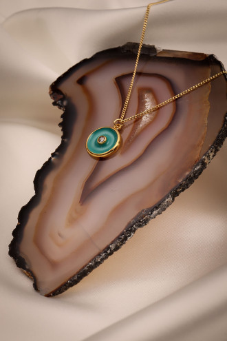 Mavi Mineli Tek Taş Gold Renk Kolye