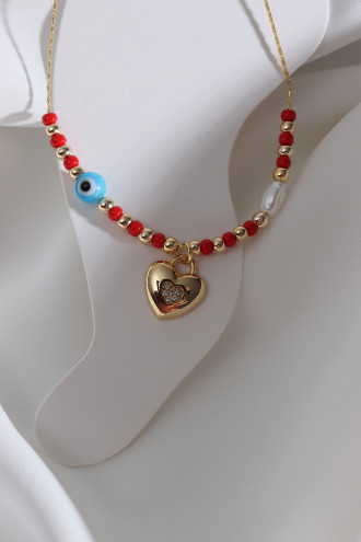 Boncuklu Zircon Taşlı Kalp Sallantılı Gold Renk Halhal