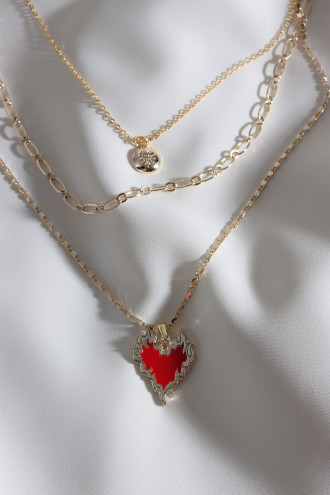 Mavi Mineli 3'Lü Gold Renk Alevli Kalp Zincir Kolye