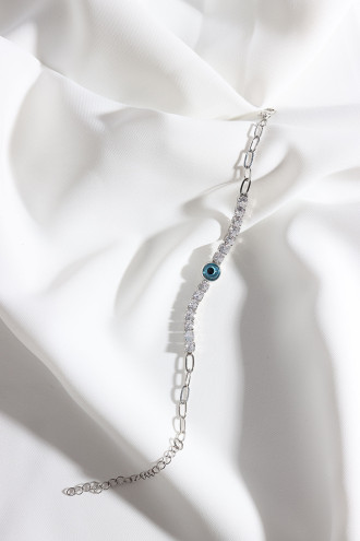 Kare Zircon Taşlı Nazar Boncuklu Gümüş Renk Zincir Bileklik