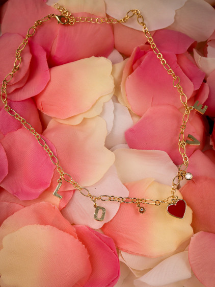 Kırmızı Kalpli Gold Renk Love Kolye Kırmızı Kalpli Gold Renk Love Kolye
