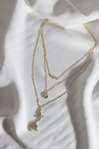 3'Lü Mercan Taşlı Deniz Kızı Gold Renk Kolye