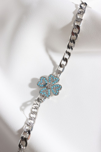 Beyaz-Mavi Zircon Taşlı Gümüş Renk Yonca Zincir Bileklik