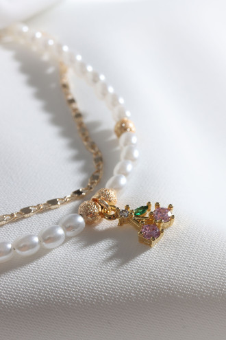 2'Li İnci Ve Gold Renk Zincirli Pembe Taşlı Kiraz Bileklik