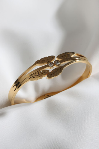 Yaprak Figürlü Gold Renk Çelik Kelepçe Bilezik