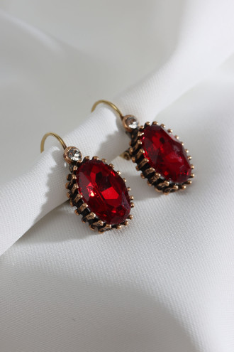 Büyük Boy Kırmızı Taşlı Oval Otantik Küpe