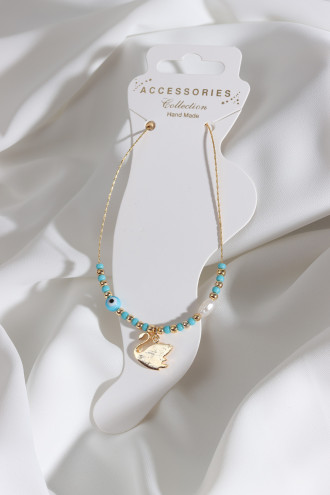 Mavi Boncuklu Zircon Taşlı Kuğu Sallantılı Gold Renk Halhal