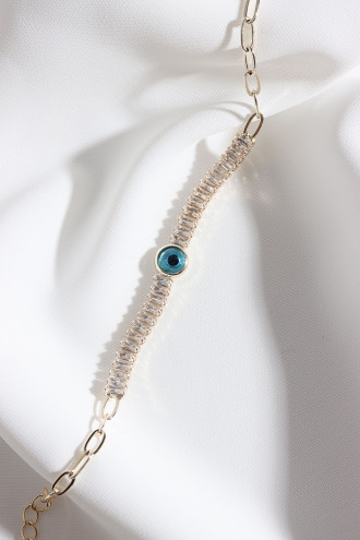 Baget Zircon Taşlı Nazar Boncuklu Gold Renk Bileklik